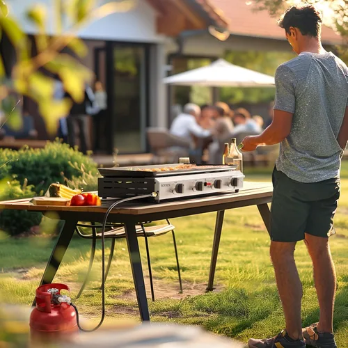 Vista 7 de Bonnlo Plancha de Propano Portátil de 4 Quemadores, 40,000 BTU Plancha de Gas con Bandeja Esmaltada, Plancha de Gas de Superficie Plana Rodante