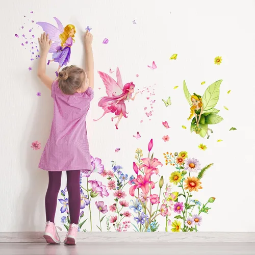 Vista 2 de Supzone Pegatinas de Pared de Hada de Flores Calcomanías de Pared de Niña Mariposa Pegatinas de Arte de Pared de Vinilo Removible para Niñas Bebé
