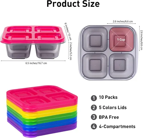 Vista 2 de Ruisita Caja Bento de 10 piezas con 4 compartimentos, reutilizable, contenedor de almacenamiento de alimentos divididos con tapas, control