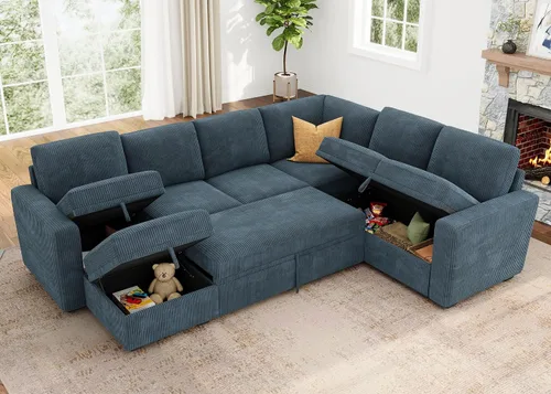 Vista 7 de HONBAY Sofá cama modular, sofá cama modular de pana extraíble con almacenamiento, sofás seccionales en forma de U para sala de estar, color azul