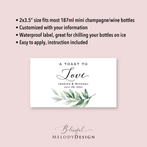 Vista 2 de Un brindis por el amor – Mini etiqueta personalizada para botella de champán, mini calcomanía impermeable personalizada para botella de vino