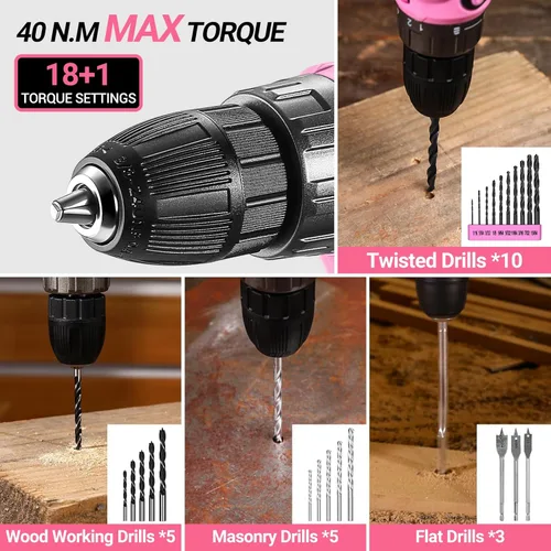 Vista 5 de Juego de herramientas de taladro eléctrico rosado: taladro eléctrico inalámbrico de 20 V, controlador, caja de herramientas con batería