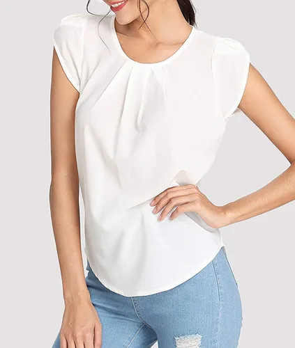 Vista 4 de Milumia Blusa de cuello redondo plisado para mujer, estilo casual y básico, con manga casquillo y abertura de cerradura en la espalda