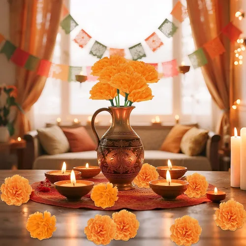 Vista 4 de 30 flores artificiales de caléndula de 2 pulgadas, cabezas de flores de caléndula de seda con tallos, flores naranjas artificiales para decoración