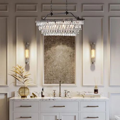 Vista 3 de Edvivi Candelabro de cristal lineal rectangular de lujo, 4 luces glamorosas con acabado de bronce antiguo, lámpara de techo ajustable, comedor, isla