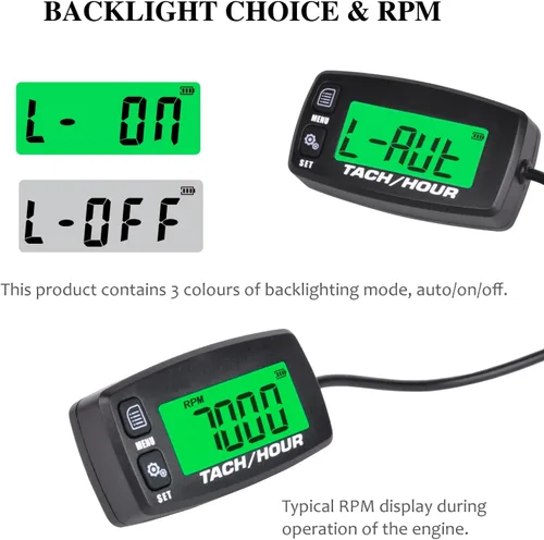 Vista 5 de Jayron 2 piezas de tacómetro de inducción digital autoalimentado Mantenimiento Impermeable Retroiluminación Apagado Medidor de horas Batería