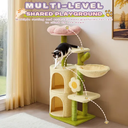 Vista 8 de Erinnyees Árbol de flores para gatos, torre para gatos de 38.2 pulgadas, torre de árbol de gatito de varios niveles para interiores, casa de gatitos