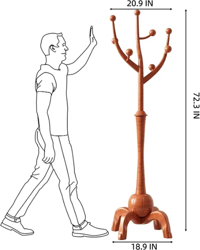 Vista 2 de Perchero independiente de madera con 8 ganchos de madera para sombrero, abrigo de árbol con base de esfera resistente y ganchos de ramas de árbol