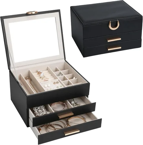 Vista 16 de Elegant Gift Jewelry Box with Mirror - 3-Layer Organizer for Earrings, Rings, Necklaces, Ready to Give for Birthday Anniversary Christmas Apricot