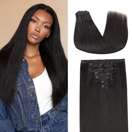 Vista 60 de Lashey Extensiones de cabello humano con clip, sin costuras, #1, color negro azabache, extensiones de cabello humano real, extensiones de cabello