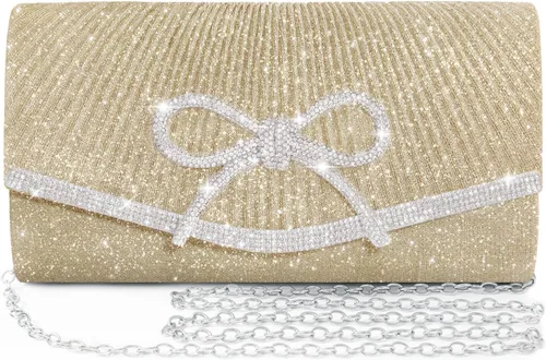 Vista 11 de Bolso de noche para mujer, bolsos de mano con lazo brillante, bolsa cruzada, bolsa de boda, fiesta de diamantes de imitación con purpurina