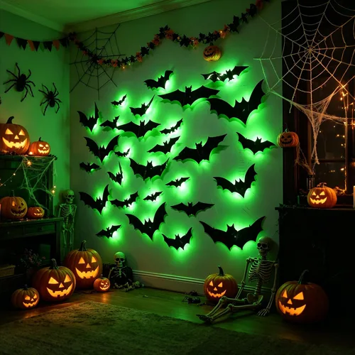 Vista 6 de DR.DUDU - Paquete de 36 murciélagos para decoración de pared de murciélagos para interiores Light Up Green LED, Assorted Size, 3D Bat Stickers
