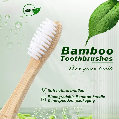 Vista 3 de Sieral 60 cepillos de dientes de bambú a granel cerdas suaves envueltos individualmente, cepillo de dientes de madera natural para personas sin