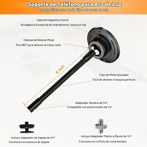 Vista 2 de Soporte de teléfono con anillo de luz, fuerte soporte magnético para anillo de luz y trípode, adaptador flexible de montaje de trípode