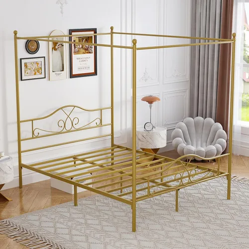 Vista 4 de Weehom - Base de cama con dosel tamaño queen con cabecera y estribo, base de colchón de plataforma metálica con cuatro postes, almacenamiento debajo