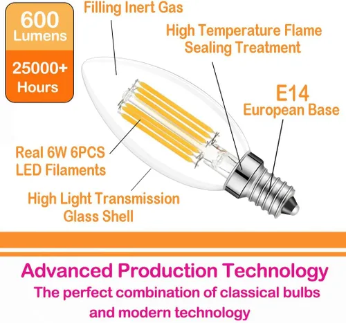 Vista 3 de Bombilla LED E14 regulable, 110 V, 600 lm, 60 W, equivalente a blanco cálido 3000 K, bombillas de candelabro de base europea E14 para lámpara turca