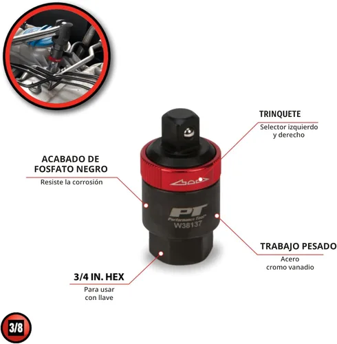 Vista 2 de Performance Tool W38137 Adaptador de trinquete de transmisión de 3/8 pulgadas, negro