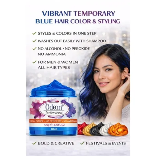 Vista 2 de Odeon Cera de color azul para el cabello, 4.23 onzas, tinte temporal lavable para el cabello con cera de abejas y árbol de té, fácil de peinar