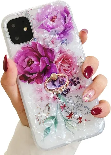 Vista 13 de Qokey Funda compatible con iPhone 11 de 6.1 pulgadas, diseño floral transparente para mujer con soporte de anillo giratorio de 360 grados, funda