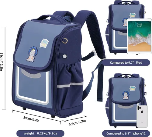 Vista 3 de KEBI Mochila escolar para niños con lindo dinosaurio azul marino bolsa escolar totalmente abierta para niño de 7 a 12 años, Desmontable Gris Marino