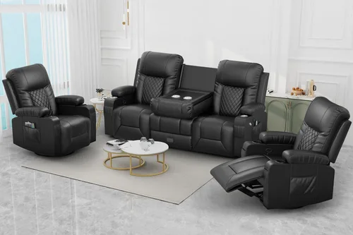 Vista 13 de Furnimat Juego de sofá reclinable con 2+1 piezas para sala de estar, sofá reclinable de 2 plazas en cuero, 1 silla reclinable con asiento de sofá