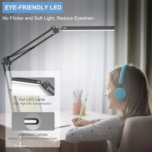 Vista 6 de Lámpara de escritorio LED, lámpara de escritorio ajustable con brazo oscilante con abrazadera, luz de escritorio regulable para el cuidado