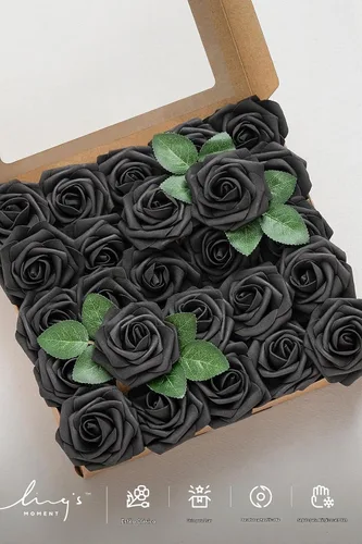 Vista 7 de Ling's Moment - Rosas artificiales de espuma, color negro, de aspecto realista con tallo, para bricolaje, decoración de Halloween, ramos de boda