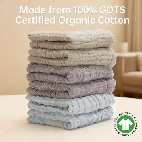 Vista 5 de Toallitas de muselina orgánicas para bebé, paquete de 6, toalla de baño y cara de 12x12 pulgadas, extra absorbente y suave, para bebés recién Azul