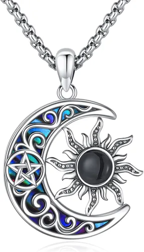 Vista 135 de Collar de pentagrama de plata de ley con triple luna, diosa celta, nudo celta, nudo de brujas, Ankh, sol y luna, Hécate, lilith, Santa Muerte