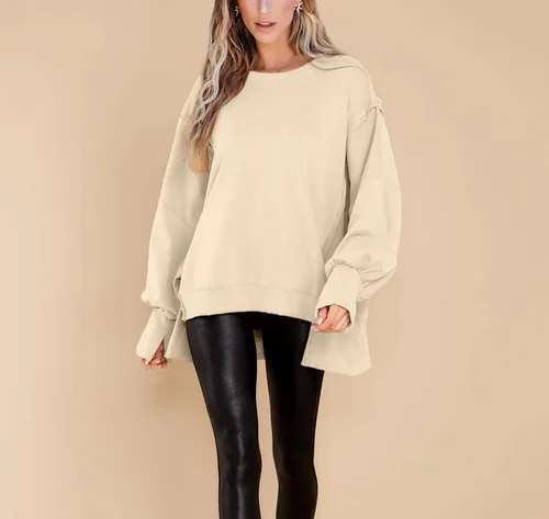 Vista 2 de BWQ Sudadera de gran tamaño para mujer, cuello redondo, manga larga, sin botones