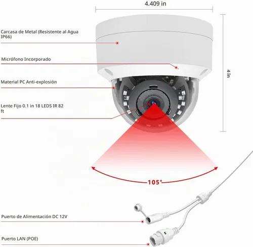 Vista 5 de Cámara de seguridad IP PoE 4K 8MP con carcasa metálica completa