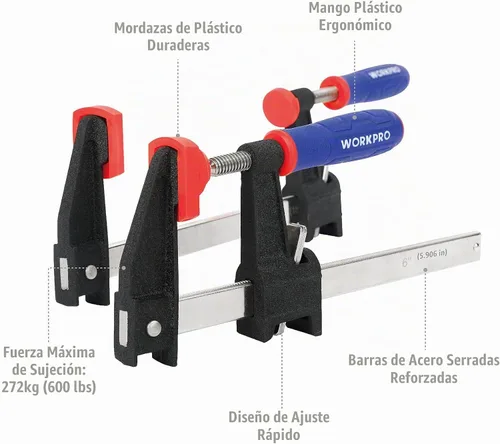 Vista 3 de WORKPRO Juego de abrazaderas de barra de acero de 6 pulgadas, paquete de 2 abrazaderas de barra estilo embrague de liberación rápida con garganta