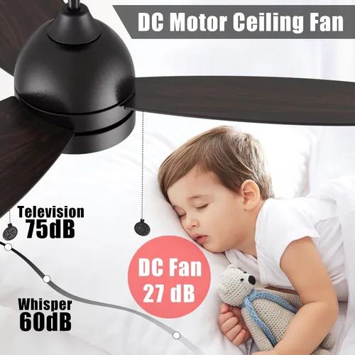 Vista 6 de 52” Black Ceiling Fans with Lights, 5 Speeds Reversible DC Ceiling Fan with Pull Chain, 3 Light Colors Dimmable Low Profile Ceiling Fan For Indoor &