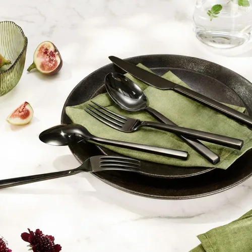 Vista 4 de Juego de cubiertos negros KINGSTONE, juego de 20 piezas de cubertería de acero inoxidable premium, servicio para 4, para cocina, hogar, boda