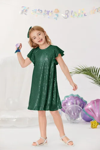 Vista 5 de GRACE KARIN Vestido de lentejuelas para niñas, manga corta, con vuelo, silueta acampanada, vestido midi con lazo para el pelo, 5-12 años