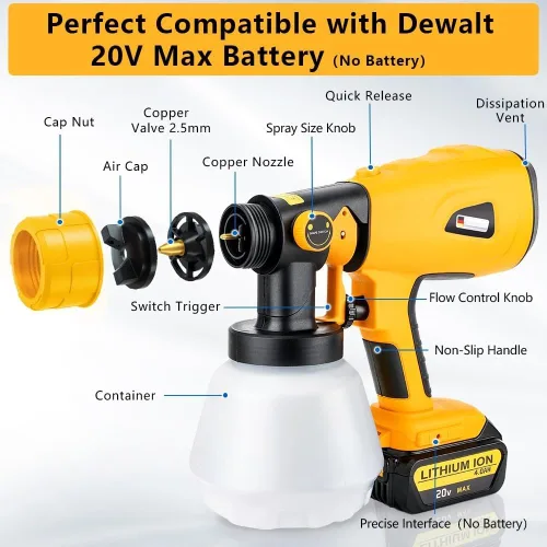 Vista 2 de Pulverizador de pintura compatible con batería DEWALT 20V MAX, pistola de pintura eléctrica HVLP inalámbrica con 3 patrones de pulverización y 4