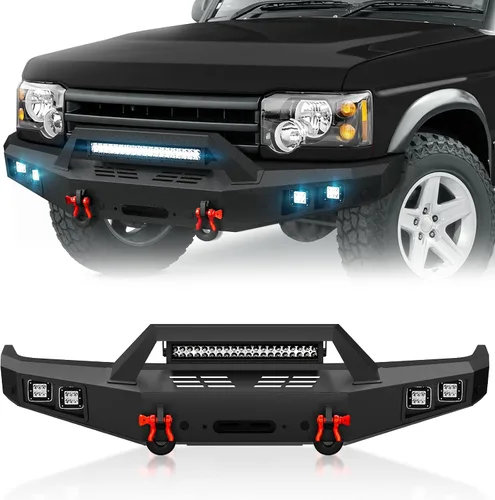 Vista 20 de YZONA Parachoques delantero y trasero compatible con Land Rover Discovery 2 1999-2004 Parachoques Rock Crawler con placa de cabrestante, receptor