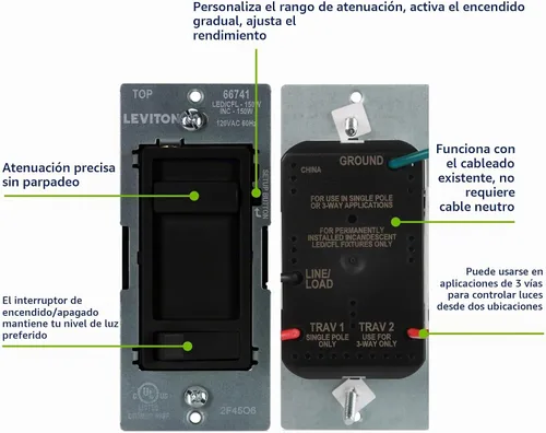 Vista 4 de Leviton SureSlide 66741-E - Interruptor de atenuación avanzado LED regulable de 150 W, halógeno e incandescente, 66741-E, negro