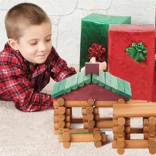 Vista 3 de 90 piezas de bloques de construcción de madera para niños pequeños, juego de troncos de cabaña de madera clásico, juguete educativo preescolar