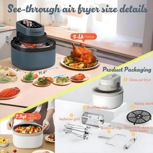 Vista 3 de Combo de horno tostador de freidora de aire 8 en 1: freidora de aire de vidrio grande de 7.5 cuartos de galón para la familia, tecnología HotAir