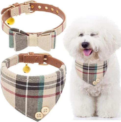 Vista 27 de EXPAWLORER Juego de collar y correa para cachorros, collar clásico a cuadros para perros pequeños con corbatín, bonito juego de collar y correa