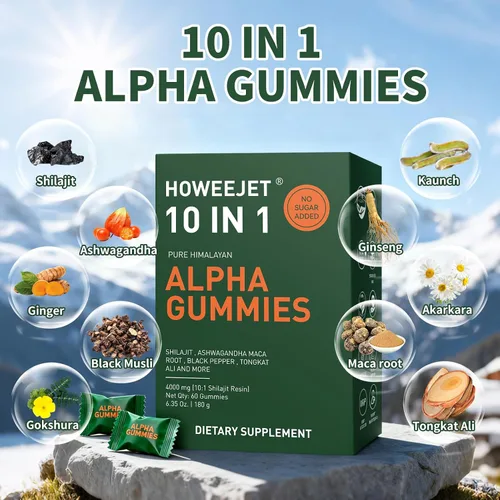 Vista 6 de Gomitas Shilajit naturales del Himalaya para hombres, gomitas alfa 10 en 1 con 4000 mg de shilajit puro, Ashwagandha, ginseng, Tongkat Ali y raíz