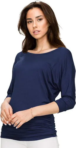 Vista 4 de Made By Johnny - Camiseta prémium dolman drapeada con cuello bote y cuello en V para mujer, manga 34, con fruncido lateral