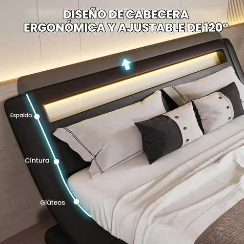 Vista 4 de SHA CERLIN - Marco de cama de tamaño matrimonial con cabecera LED tapizada moderna, color negro Low Profile Sleigh Design, Adjustable Headboard