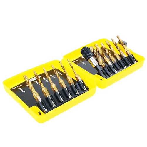 Vista 9 de Juego de brocas combinadas de titanio, 13 piezas, SAE y métricas, kit de brocas para roscas de tornillo, roscado, desbarbado, avellanado