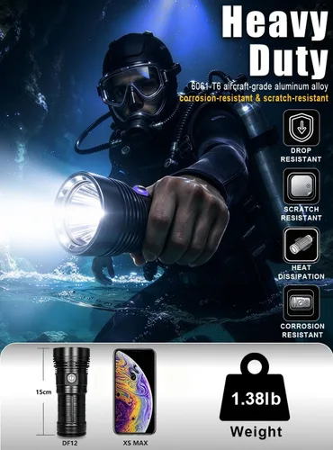 Vista 4 de PFSN Dive Light Scuba Diving Flashlight, Professional Underwater Flashlight IPX68 Waterproof, Super Bright Diving Torch Best Gear for Diver