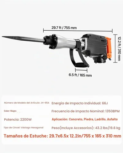 Vista 8 de VEVOR Martillo de demolición Jack Hammer, MAX 2200W Martillo eléctrico resistente, rompedor de concreto 1350 BPM 2 piezas de cinceles para astillas