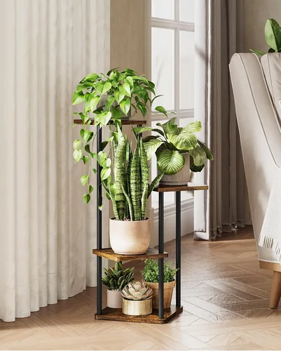 Vista 6 de GENTINGBRO Soporte alto para plantas de interior de 4 niveles para múltiples plantas, soporte de madera para plantas, estante de madera, estantería