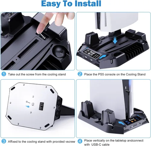 Vista 5 de Soporte para PS5 con 2 estaciones de refrigeración y estación de carga de doble controlador para consola PS5, edición digitaldisco, accesorios