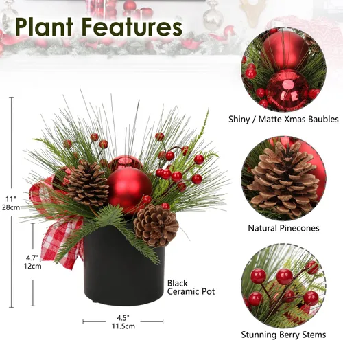 Vista 2 de Briful Mini árbol de Navidad artificial de 10 pulgadas en maceta con piñas, bayas y cinta de bola de Navidad roja, arreglos navideños, centros